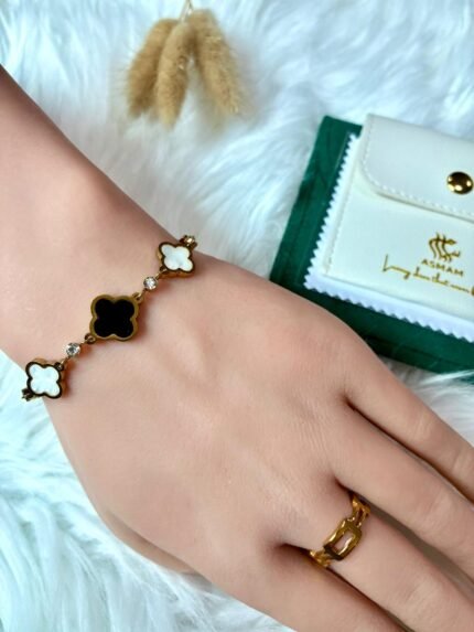 Gold and Silver-Tone Black & White 4 leaf Flower Bracelet's